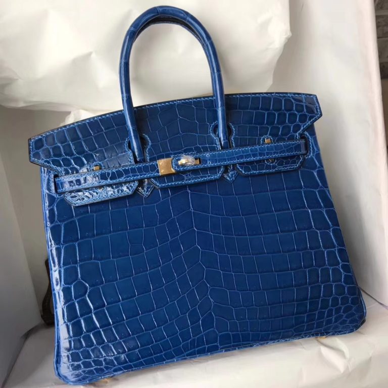 Hermes 7Q Mykonos Blue Shiny Crocodile Leather Birkin Bag 25CM