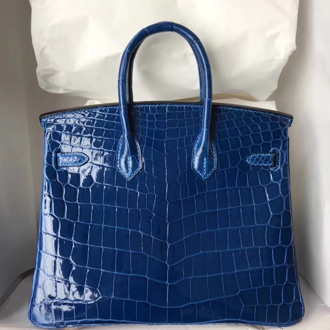 Fashion Hermes 7Q Mykonos Blue Shiny Crocodile Leather Birkin Bag25CM