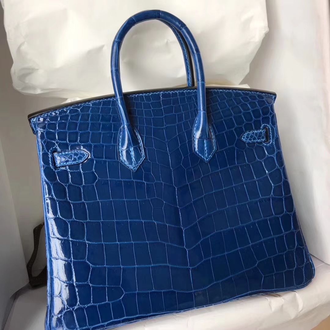 Fashion Hermes 7Q Mykonos Blue Shiny Crocodile Leather Birkin Bag25CM