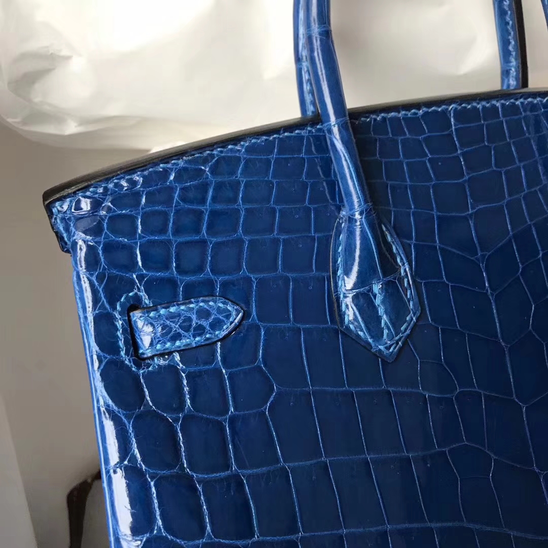 Fashion Hermes 7Q Mykonos Blue Shiny Crocodile Leather Birkin Bag25CM