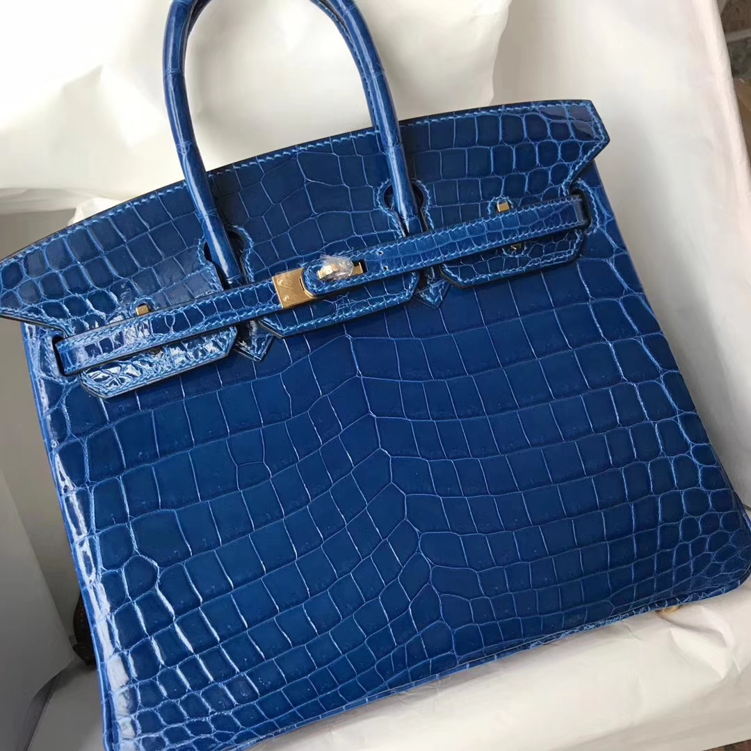 Fashion Hermes 7Q Mykonos Blue Shiny Crocodile Leather Birkin Bag25CM