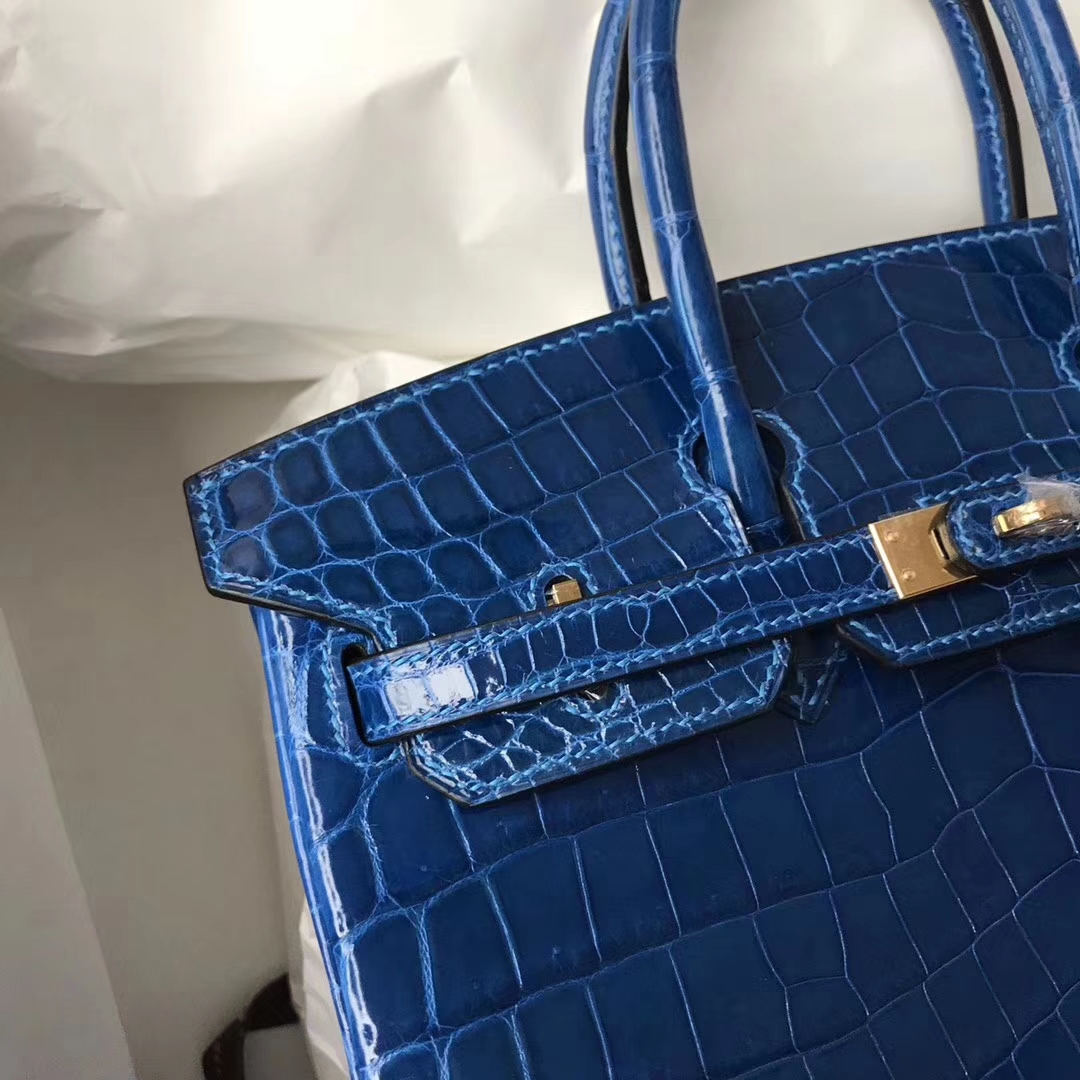 Fashion Hermes 7Q Mykonos Blue Shiny Crocodile Leather Birkin Bag25CM