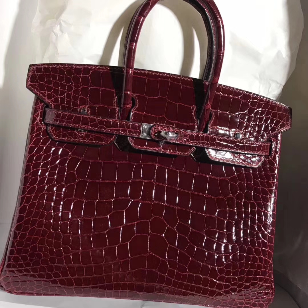 Noble Hermes Alligator Shiny Crocodile Birkin25CM Bag in F5 Bourgogne Red