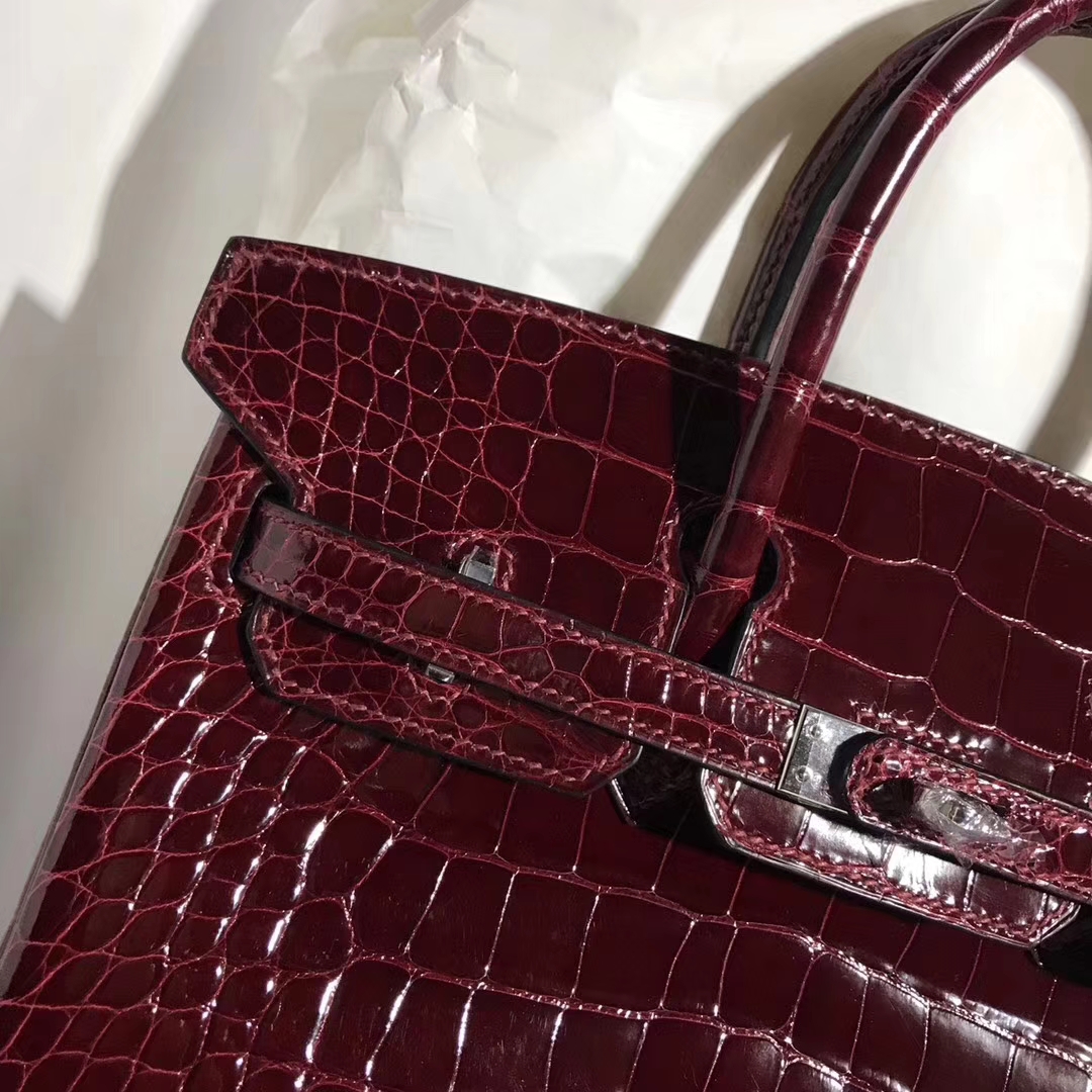 Noble Hermes Alligator Shiny Crocodile Birkin25CM Bag in F5 Bourgogne Red