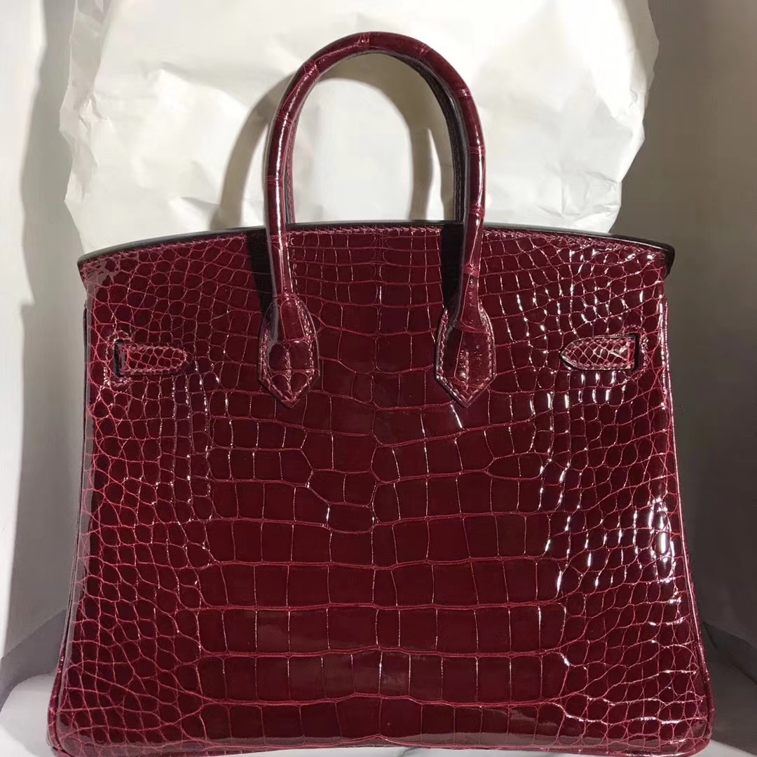 Noble Hermes Alligator Shiny Crocodile Birkin25CM Bag in F5 Bourgogne Red