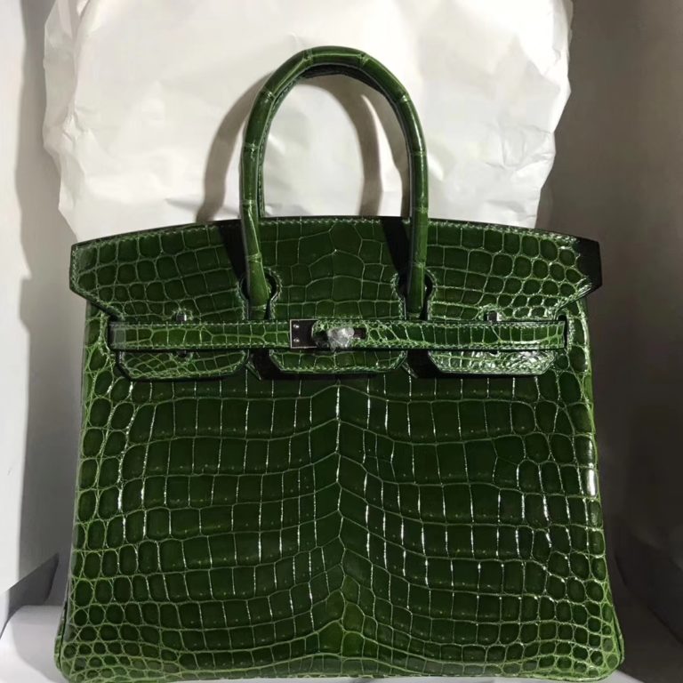 Hermes Emeral Green Shiny Crocodile Leather Birkin 25CM Bag