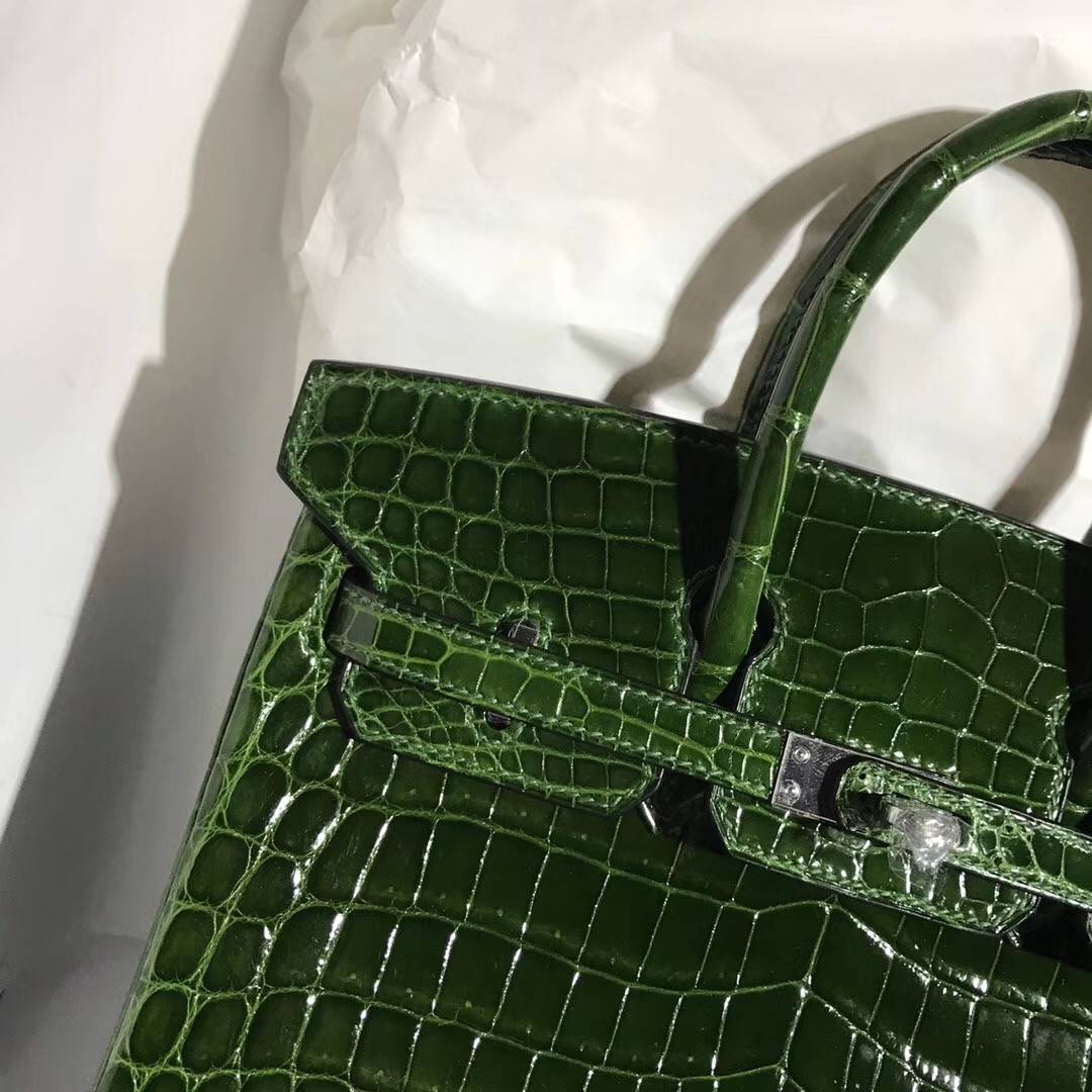 Elegant Hermes Emeral Green Shiny Crocodile Leather Birkin25CM Bag