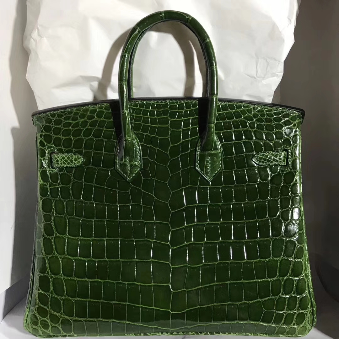 Elegant Hermes Emeral Green Shiny Crocodile Leather Birkin25CM Bag