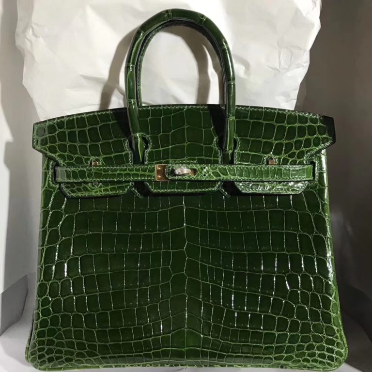 Hermes Emeral Green Shiny Crocodile Leather Birkin 25CM Tote Bag