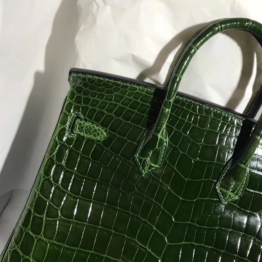 Fashion Hermes Emeral Green Shiny Crocodile Leather Birkin25CM Tote Bag