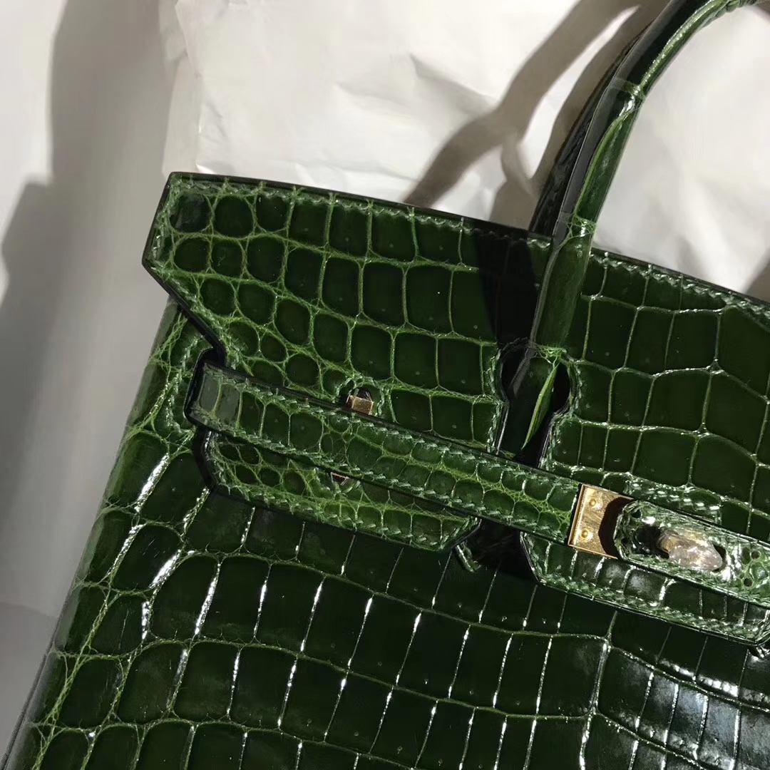 Fashion Hermes Emeral Green Shiny Crocodile Leather Birkin25CM Tote Bag