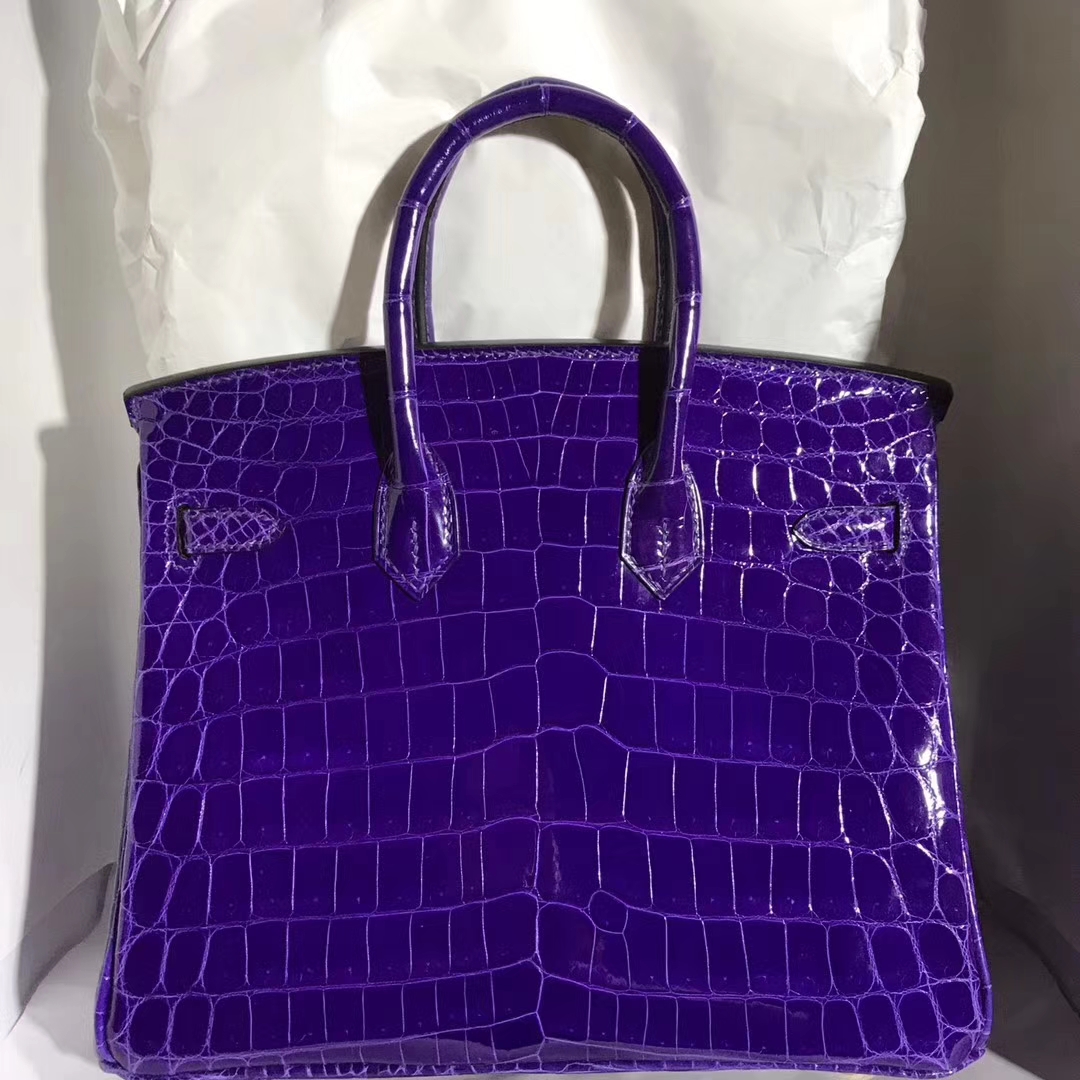 Luxury Hermes Purple Shiny Crocodile Leather Birkin Bag 25cm Gold Hardware