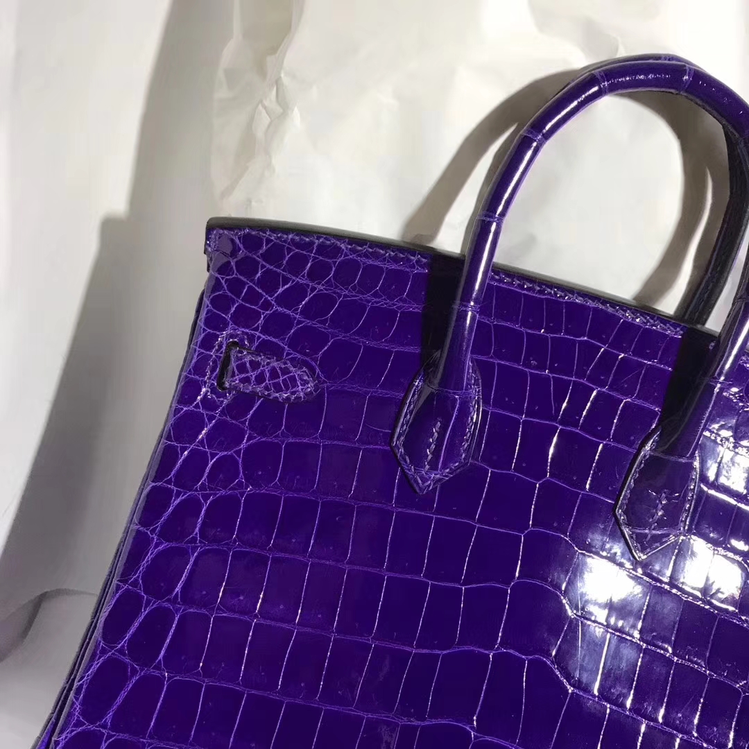 Luxury Hermes Purple Shiny Crocodile Leather Birkin Bag 25cm Gold Hardware