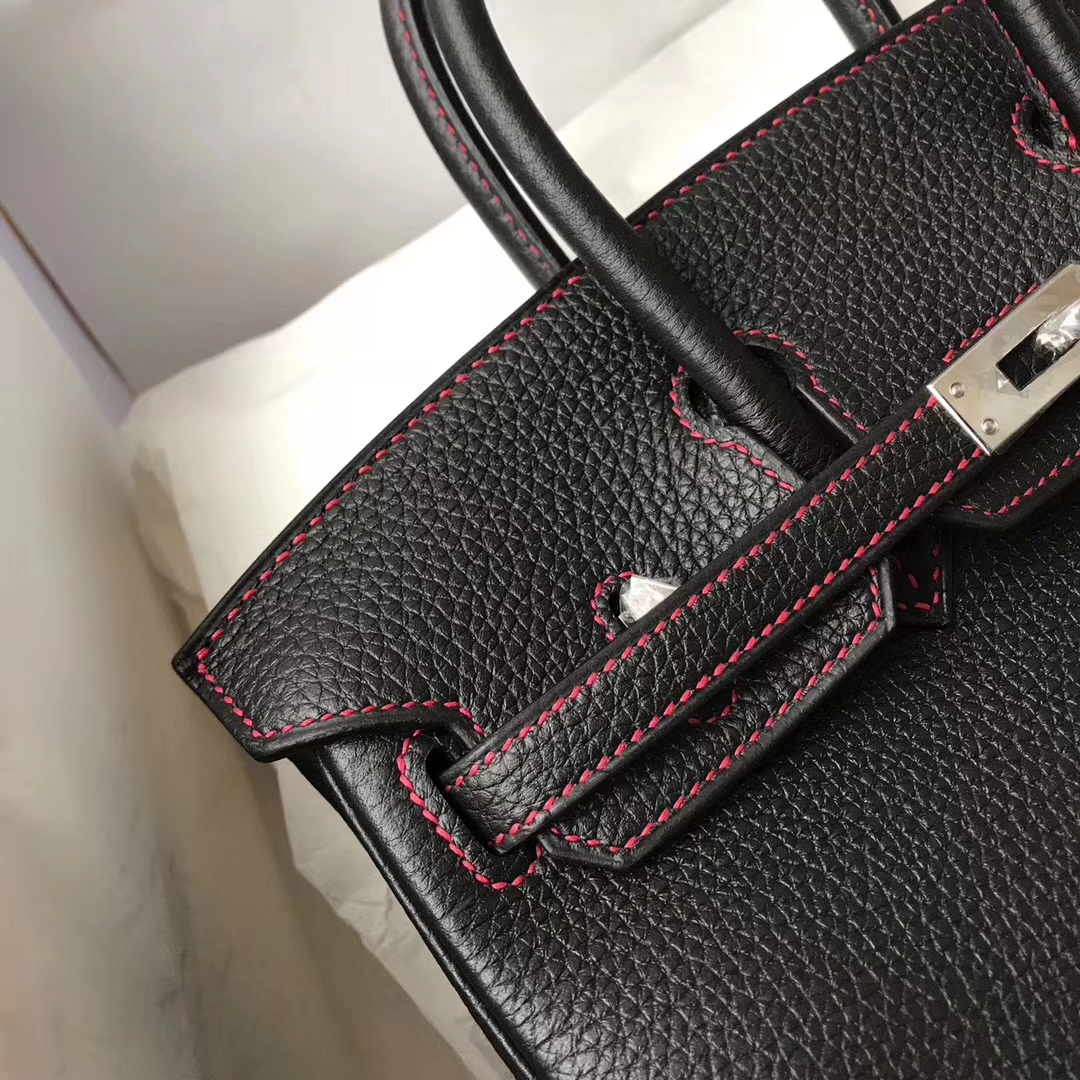 Luxury Hermes CK89 Black/Q5 Rouge Casaque Togo Calfskin Birkin25CM Bag