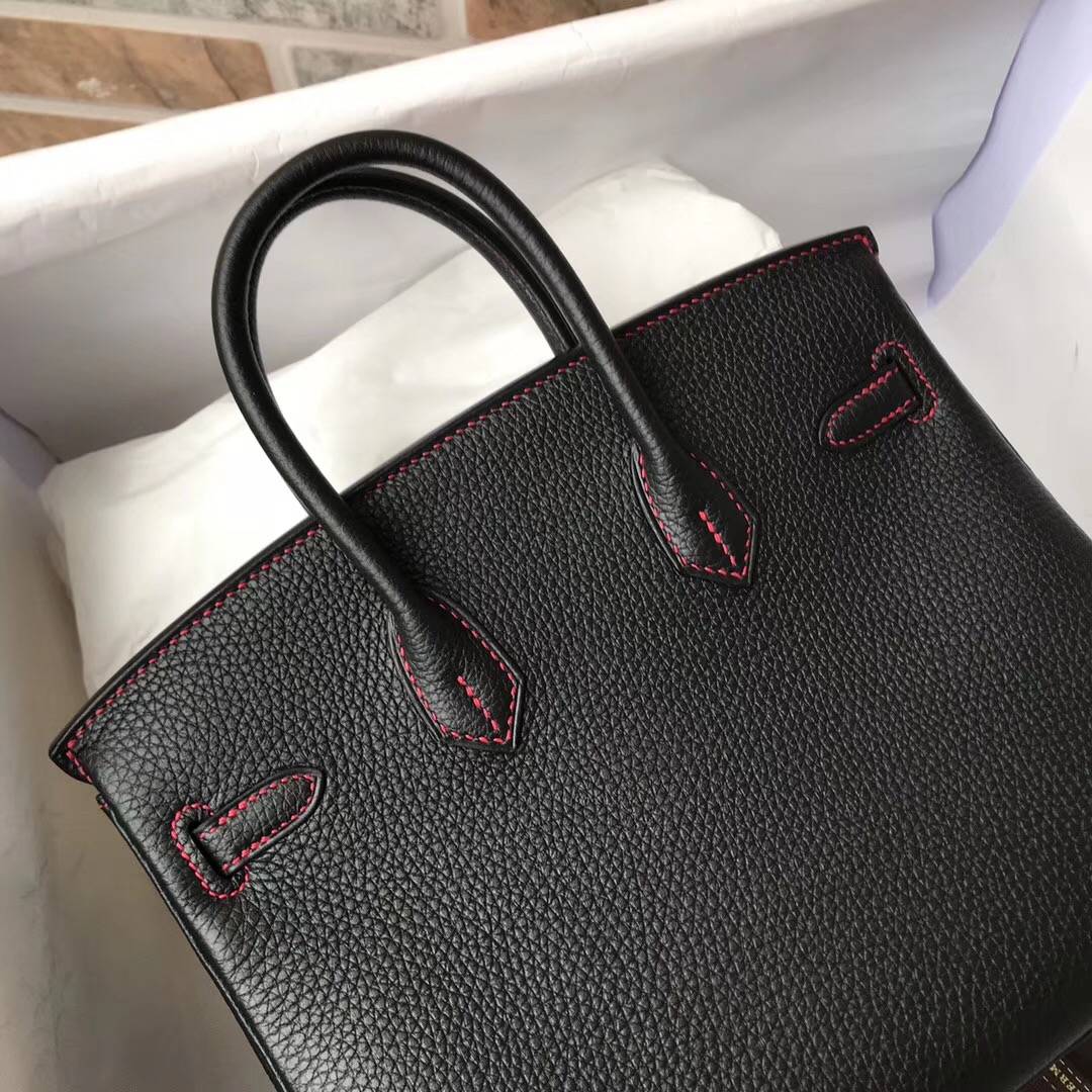 Luxury Hermes CK89 Black/Q5 Rouge Casaque Togo Calfskin Birkin25CM Bag