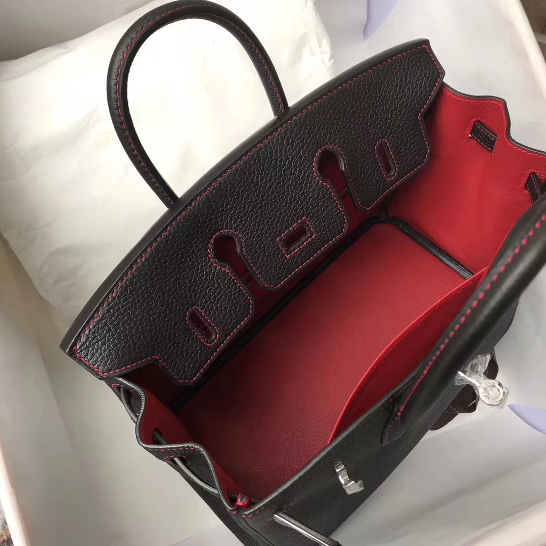 Luxury Hermes CK89 Black/Q5 Rouge Casaque Togo Calfskin Birkin25CM Bag