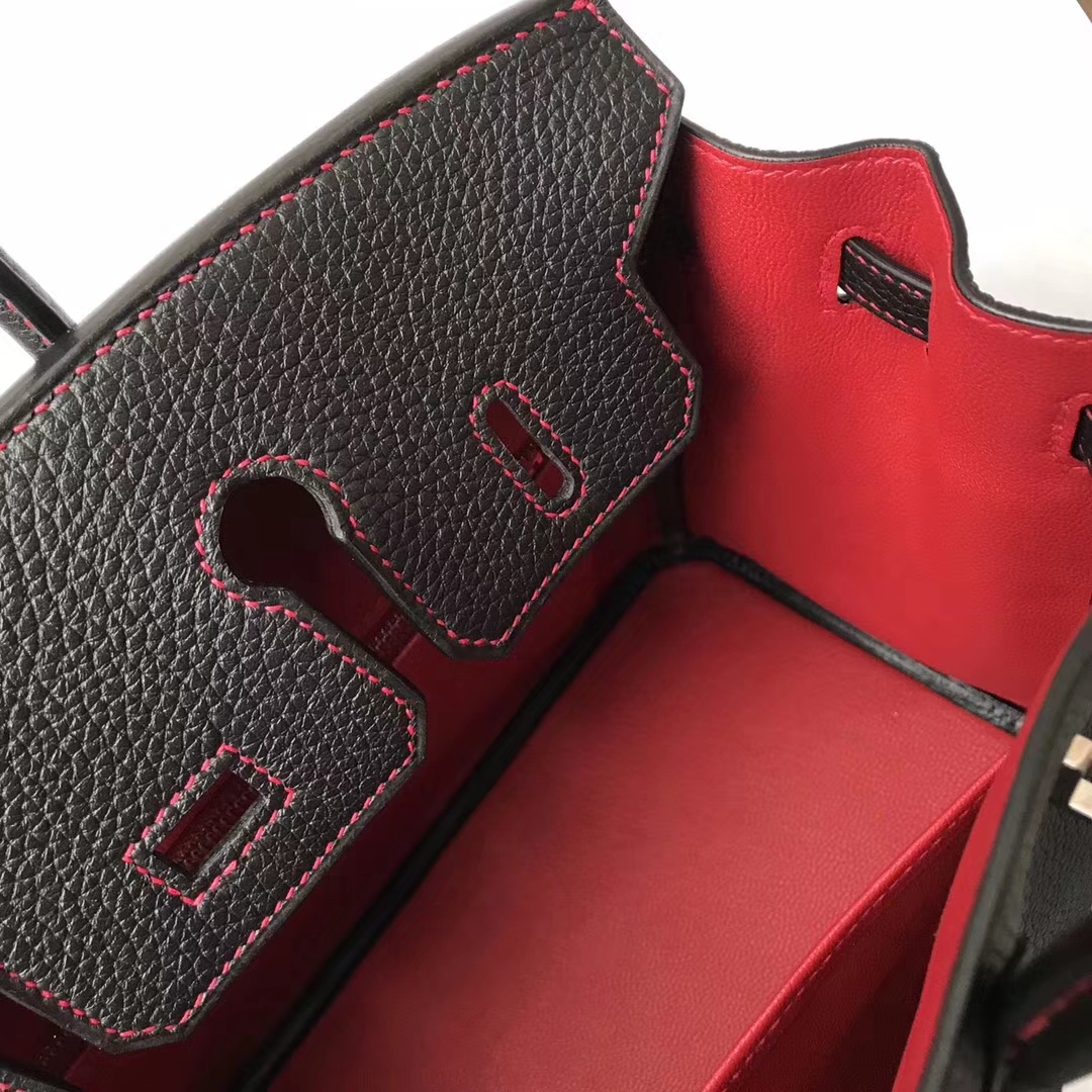 Luxury Hermes CK89 Black/Q5 Rouge Casaque Togo Calfskin Birkin25CM Bag