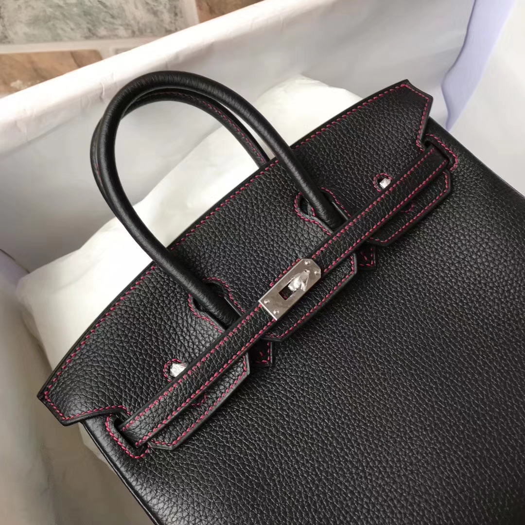 Luxury Hermes CK89 Black/Q5 Rouge Casaque Togo Calfskin Birkin25CM Bag
