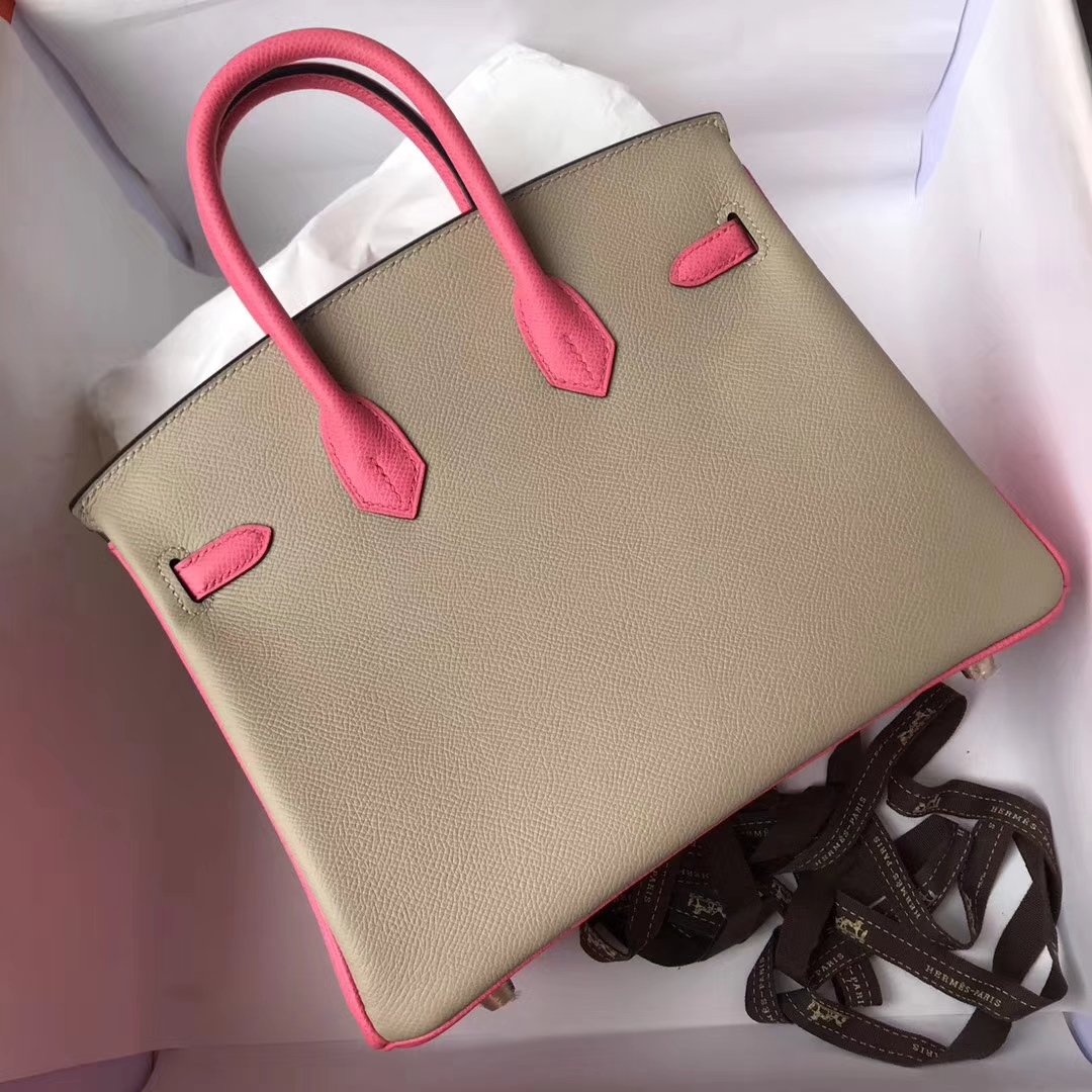 Noble Hermes S2 Trench Grey & 8W Rose Lipstick Inner Epsom Calfskin Birkin Bag25CM