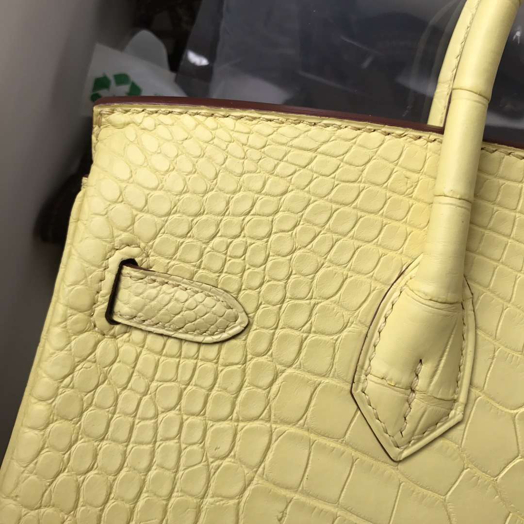 Wholesale Hermes Light Yellow Alligator Matt Crocodile Birkin25CM Bag Silver Hardware