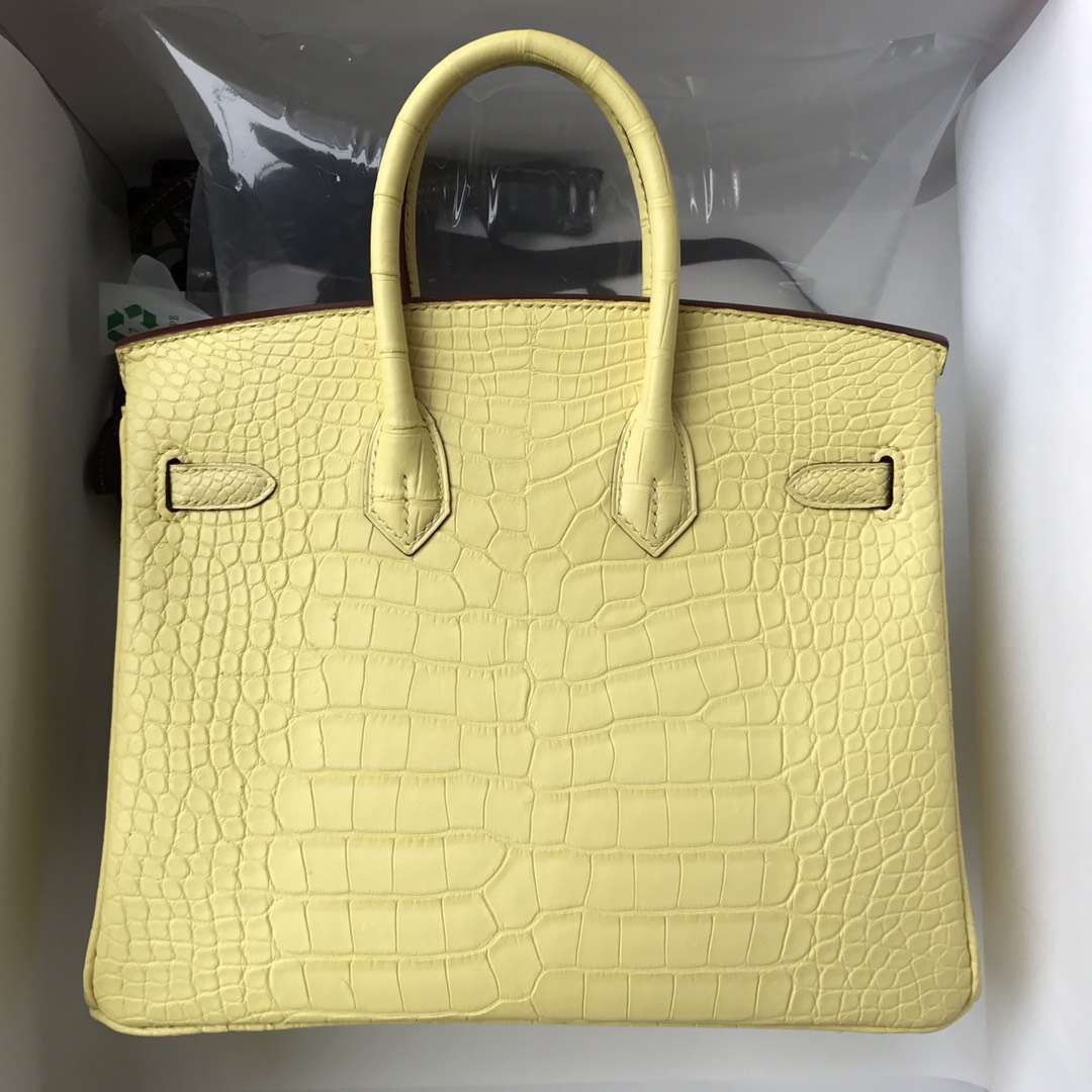 Wholesale Hermes Light Yellow Alligator Matt Crocodile Birkin25CM Bag Silver Hardware