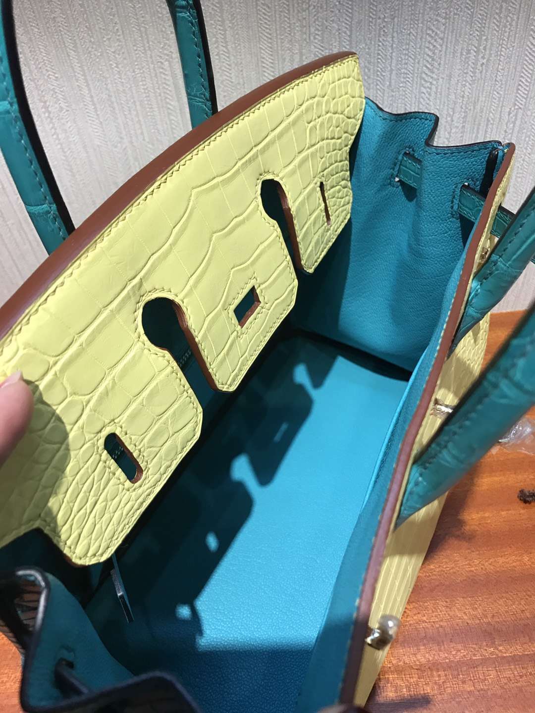 Hermes C9 Soupre Yellow/7F Blue Paon Alligator Matt Crocodile Birkin25CM Bag