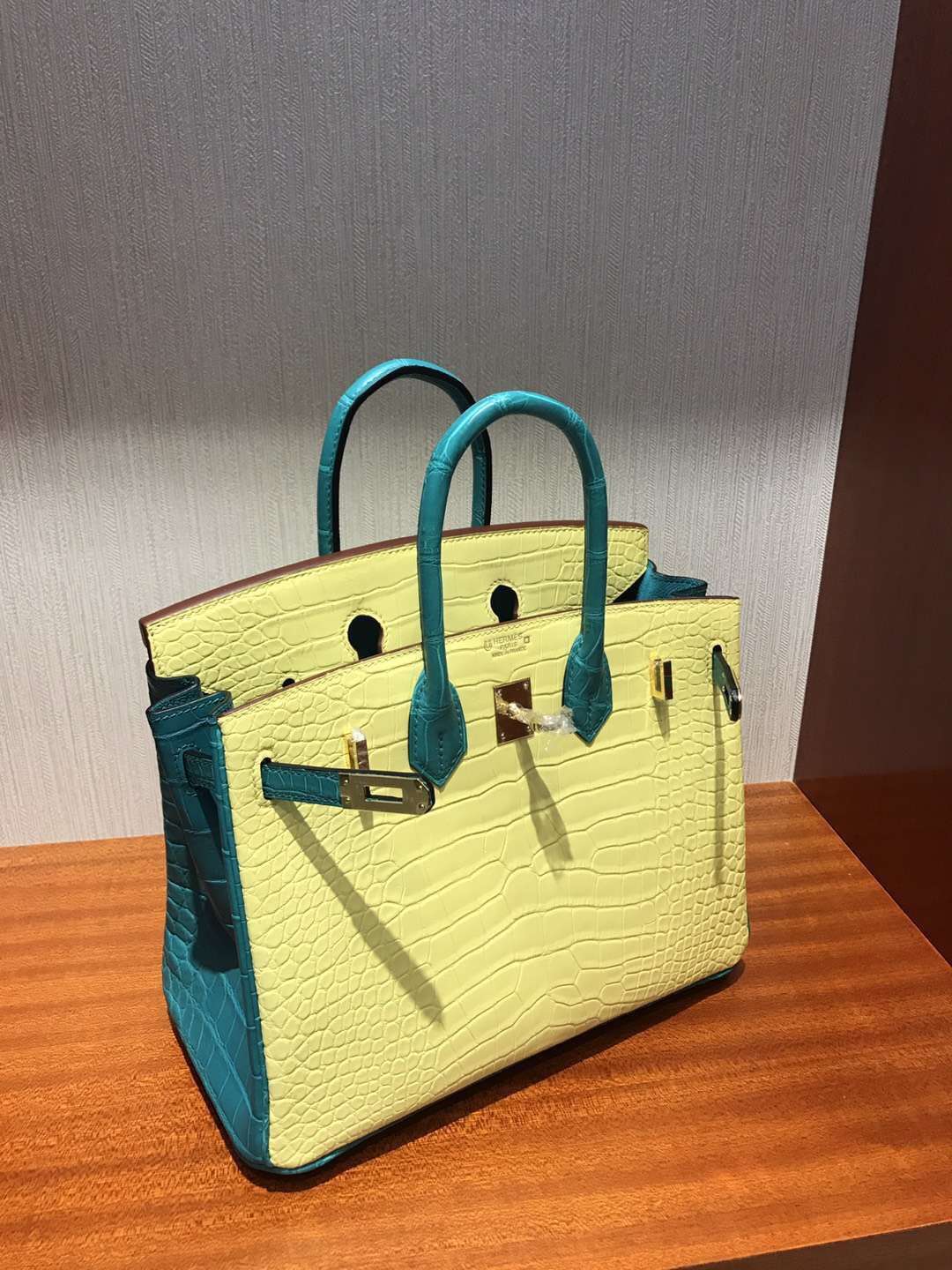 Hermes C9 Soupre Yellow/7F Blue Paon Alligator Matt Crocodile Birkin25CM Bag