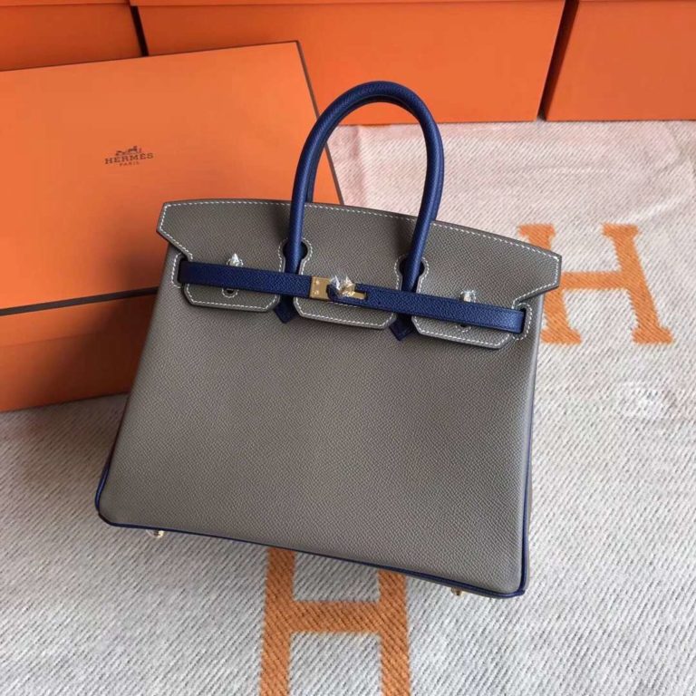 Hermes CK 18 Etoupe Grey/CK73 Blue Saphir Epsom Calfskin Birkin 25CM Bag