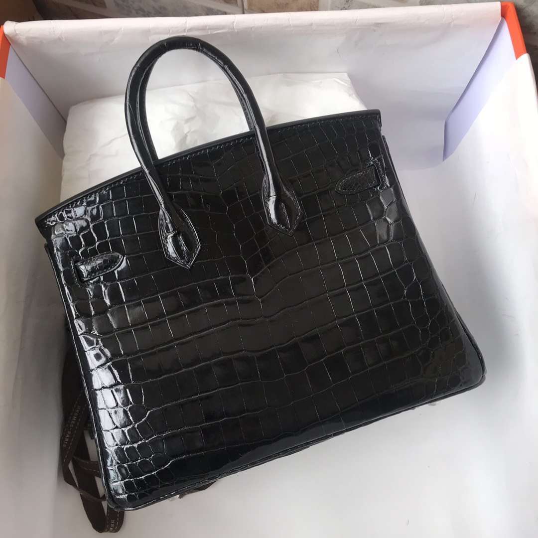 Noble Hermes CK89 Black Shiny Crocodile Leather Birkin25CM Bag Silver Hardware