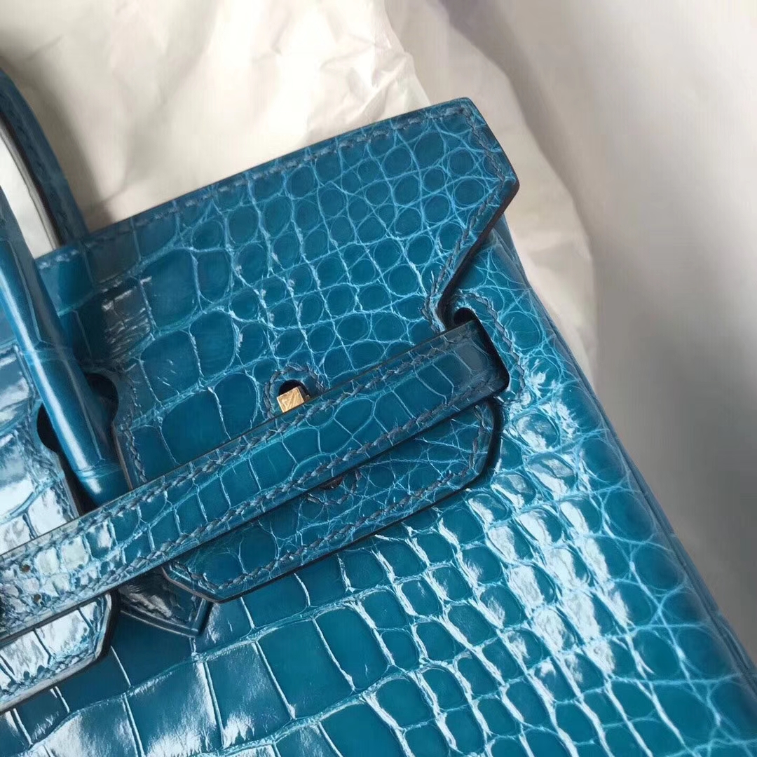Luxury Hermes Shiny Alligator Crocodile Birkin25CM Bag in 7W Blue Izmir