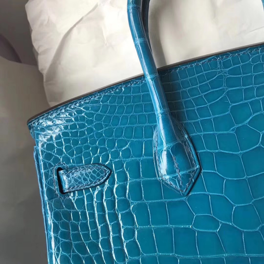 Luxury Hermes Shiny Alligator Crocodile Birkin25CM Bag in 7W Blue Izmir