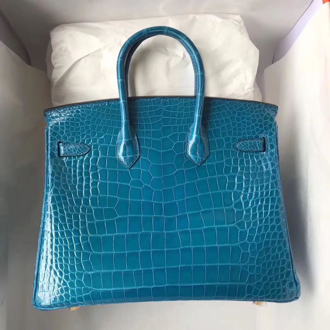 Luxury Hermes Shiny Alligator Crocodile Birkin25CM Bag in 7W Blue Izmir