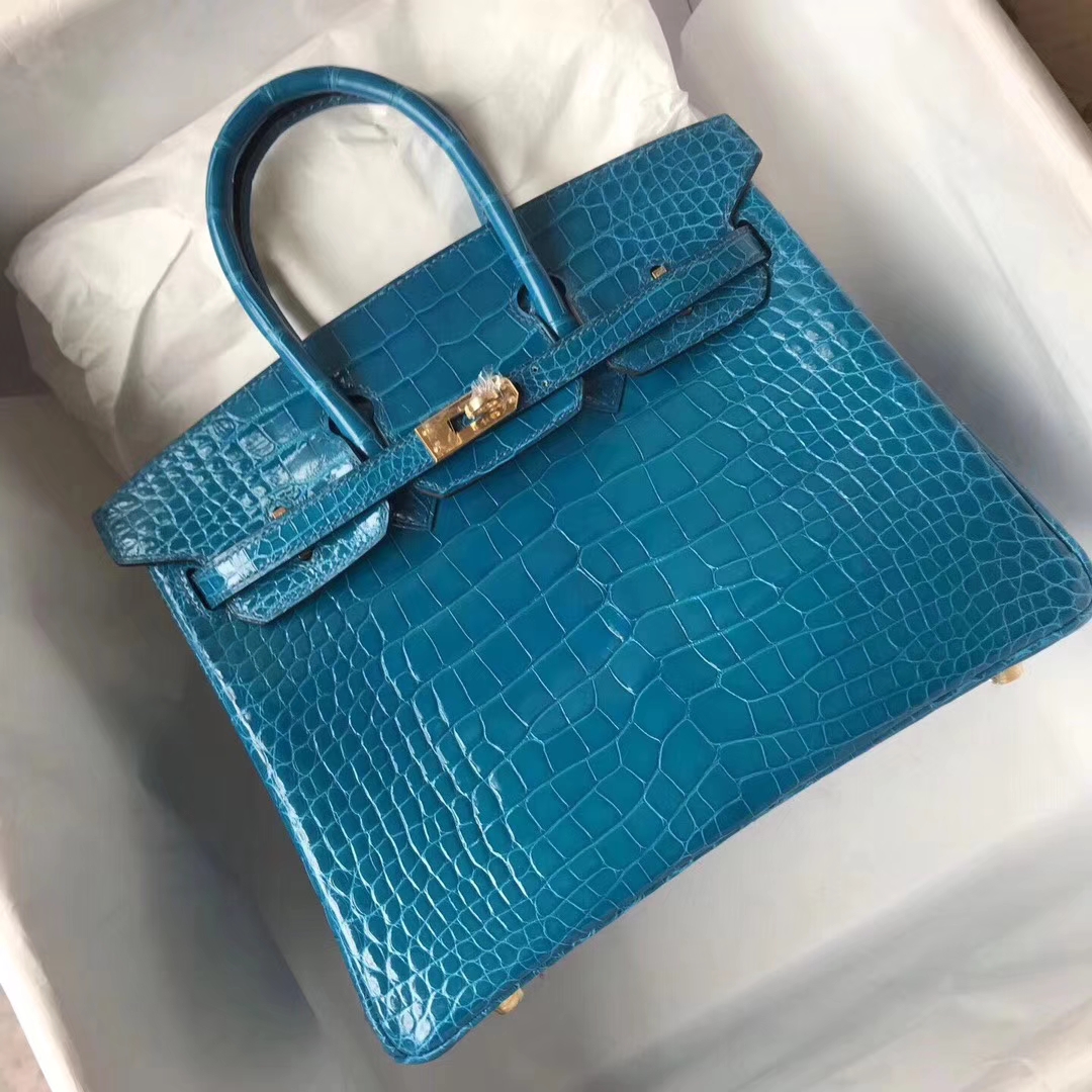 Luxury Hermes Shiny Alligator Crocodile Birkin25CM Bag in 7W Blue Izmir