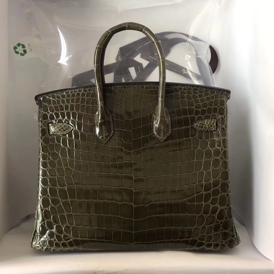 Elegant Hermes V6 Olive Green Shiny Crocodile Leather Birkin25CM Bag