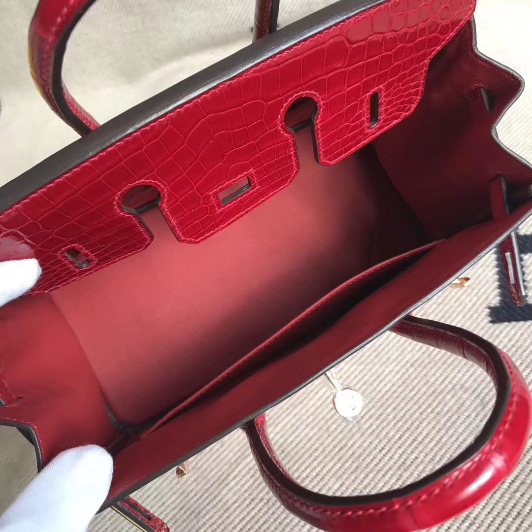 Pretty Hermes Q5 Rouge Casaque Shiny Crocodile Leather Birkin25CM Bag