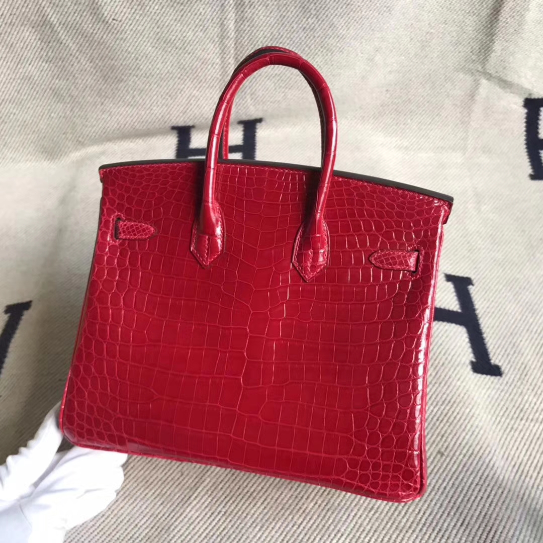 Pretty Hermes Q5 Rouge Casaque Shiny Crocodile Leather Birkin25CM Bag