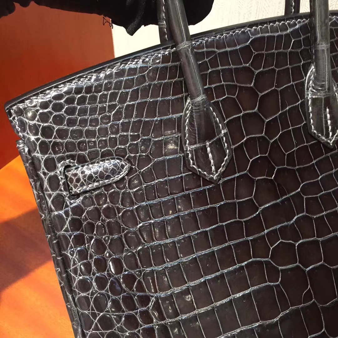 Fashion Hermes CK88 Graphite Grey Shiny Porosus Crocodile Birkin25CM Bag