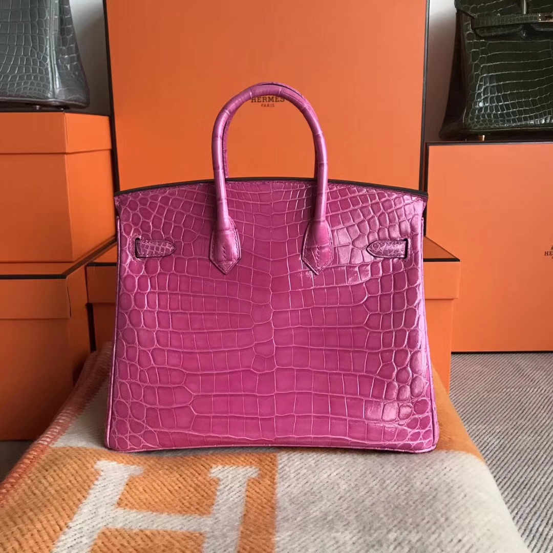 Noble Hermes Peach Pink Shiny Crocodile Birkin25CM Bag Gold Hardware