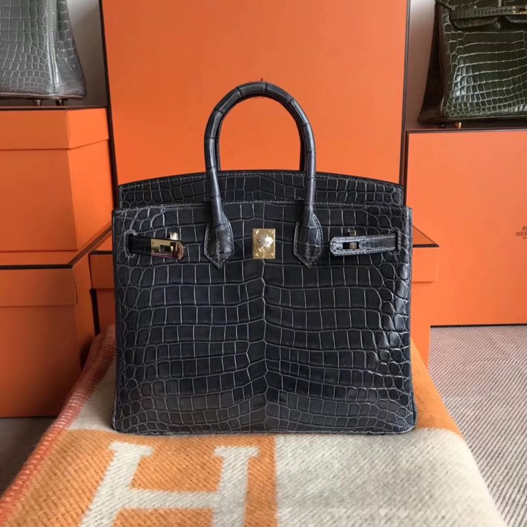 Hermes Shiny Crocodile Leather Birkin Bag 25CM in CK88 Graphite Grey