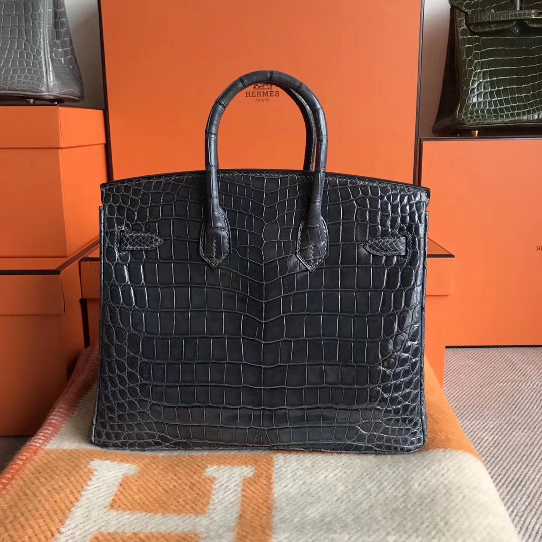 Luxury Hermes Shiny Crocodile Leather Birkin Bag25CM in CK88 Graphite Grey