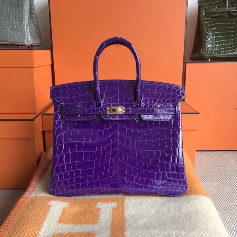 Hermes 5L Ultraviolet Shiny Crocodile Leather Birkin 25CM Bag