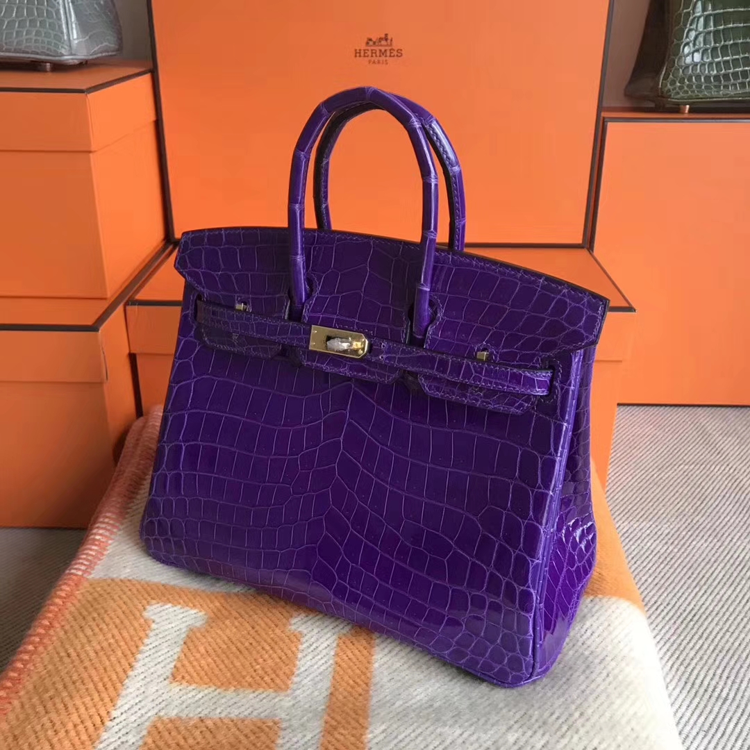 New Arrival Hermes 5L Ultraviolet Shiny Crocodile Leather Birkin25CM Bag