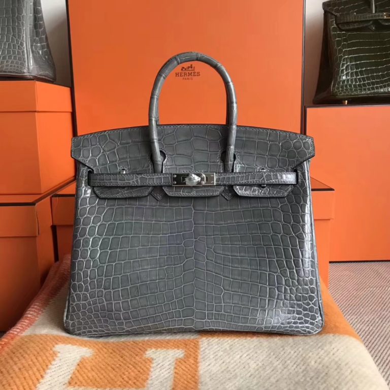 Hermes Shiny Crocodile Leather Birkin 25CM Bag in Mousse Grey