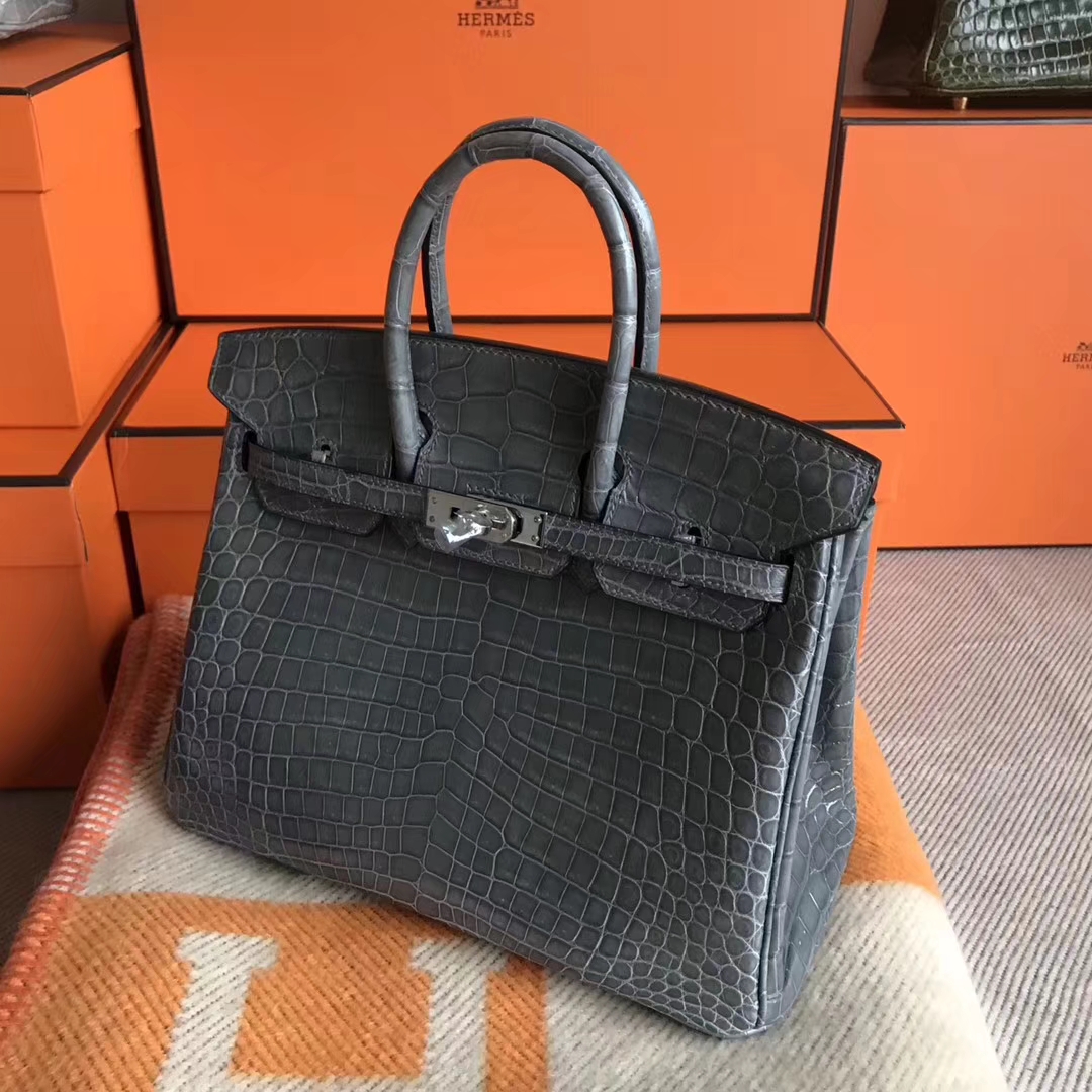 Discount Hermes Shiny Crocodile Leather Birkin25CM Bag in Mousse Grey
