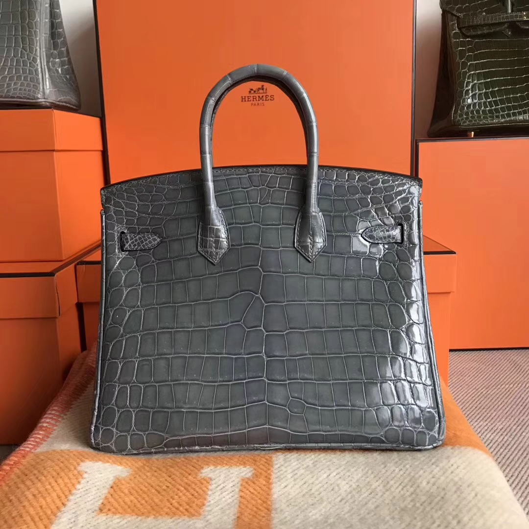 Discount Hermes Shiny Crocodile Leather Birkin25CM Bag in Mousse Grey