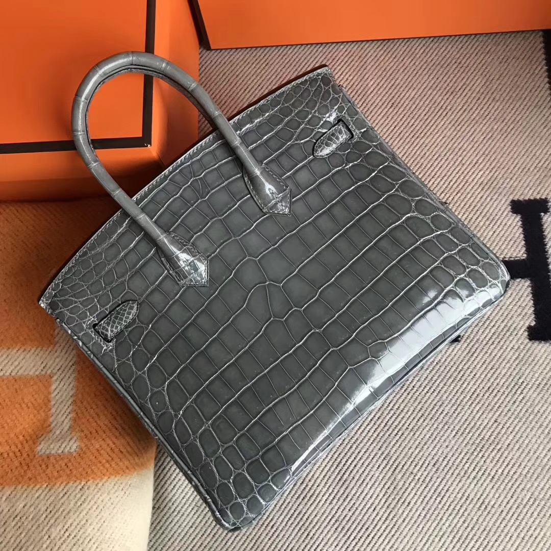 Discount Hermes Shiny Crocodile Leather Birkin25CM Bag in Mousse Grey