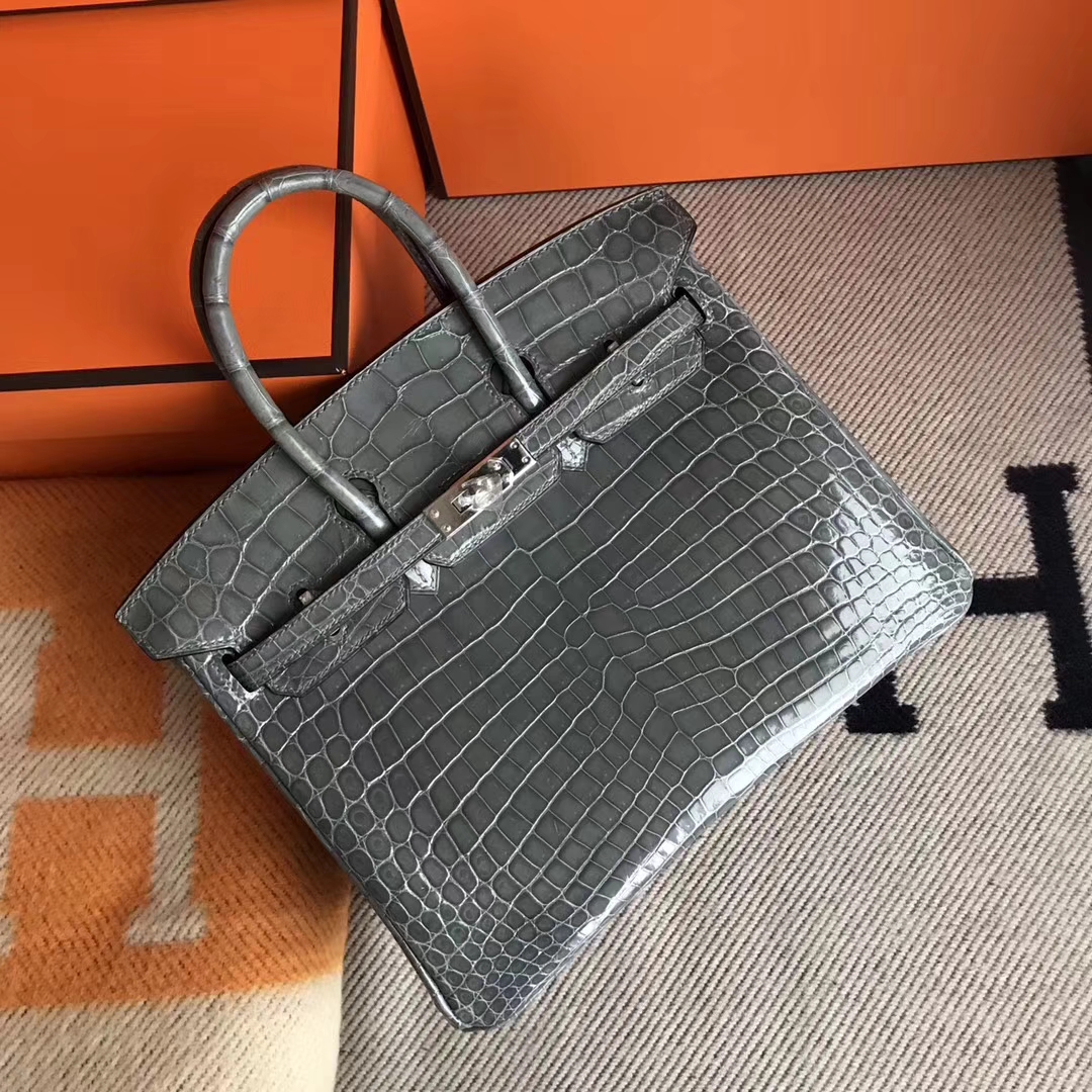 Discount Hermes Shiny Crocodile Leather Birkin25CM Bag in Mousse Grey