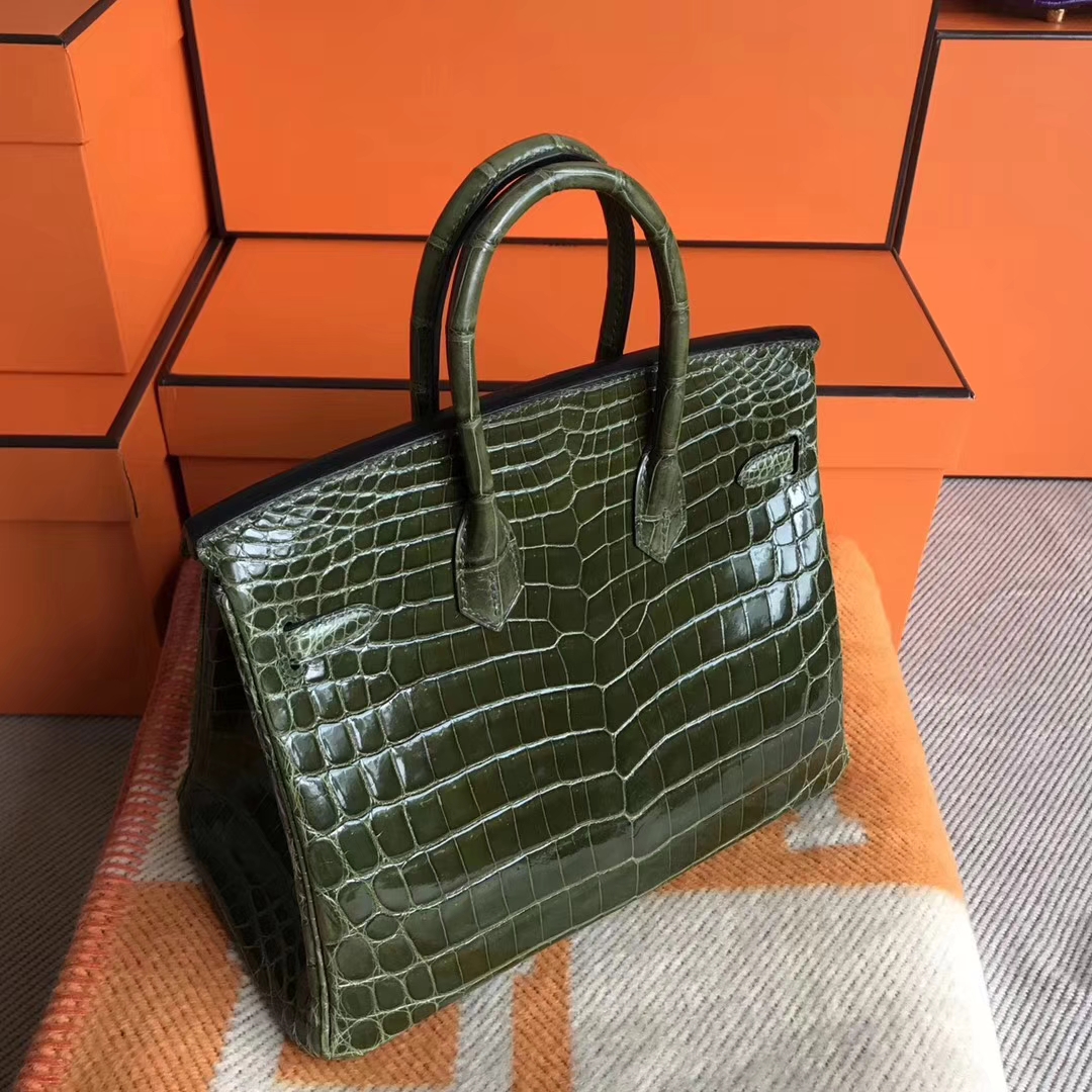 Luxury Hermes 6H Olive Green Shiny Crocodile Leather Birkin25CM Tote Bag