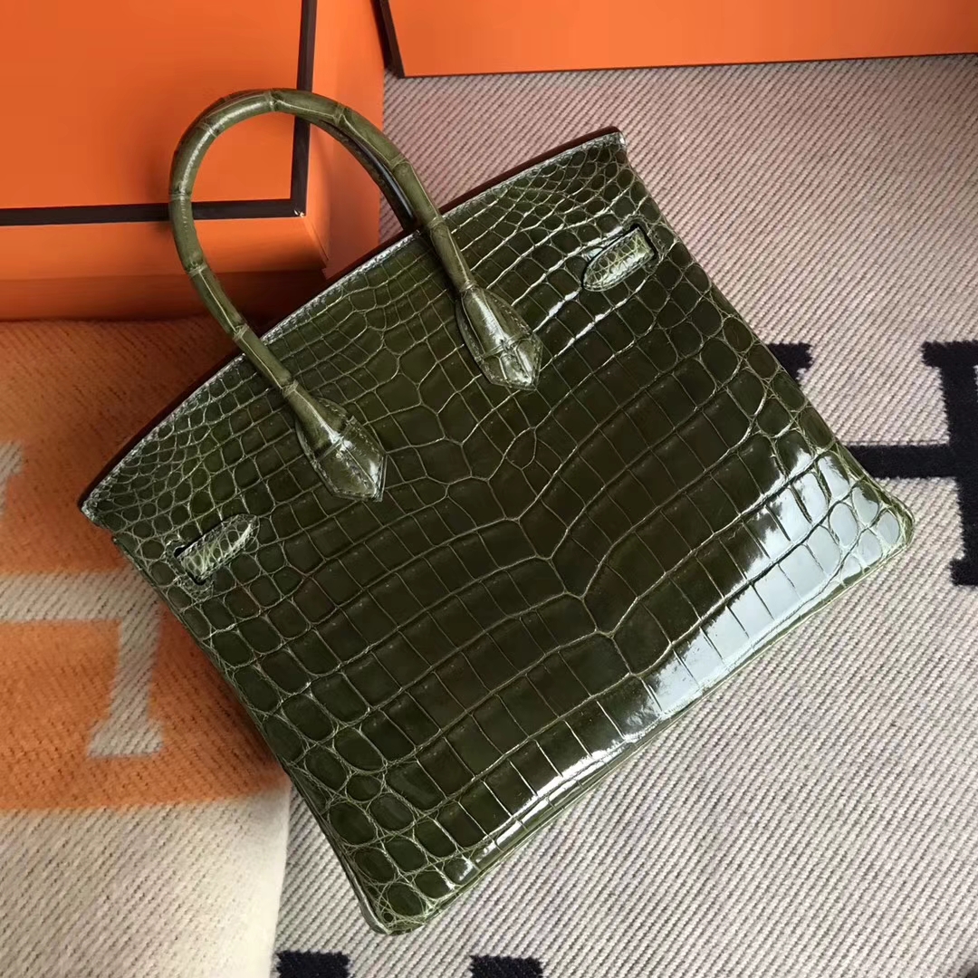 Luxury Hermes 6H Olive Green Shiny Crocodile Leather Birkin25CM Tote Bag