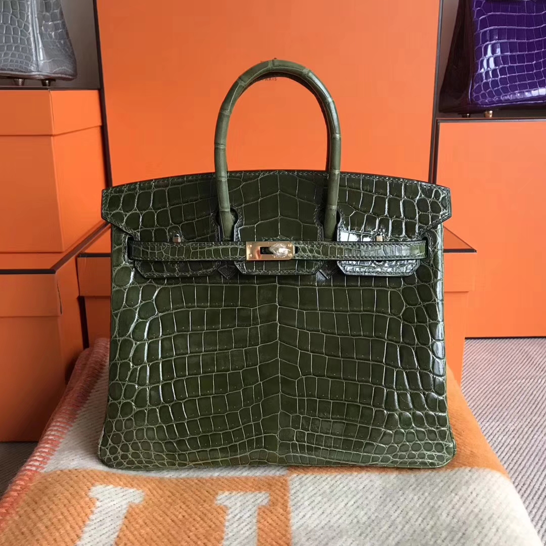 Luxury Hermes 6H Olive Green Shiny Crocodile Leather Birkin25CM Tote Bag
